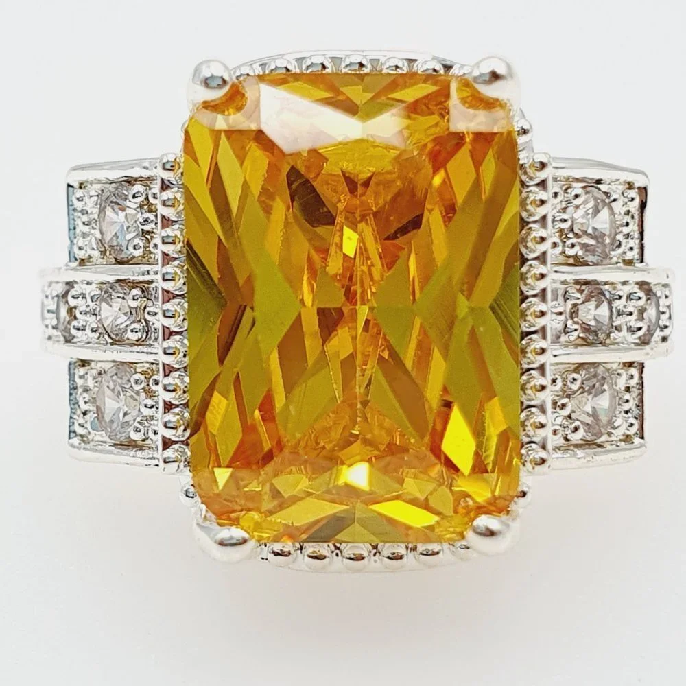 💥925 Silver Plated Lovely Yellow Square CZ Wedding Ring, GPMB1469